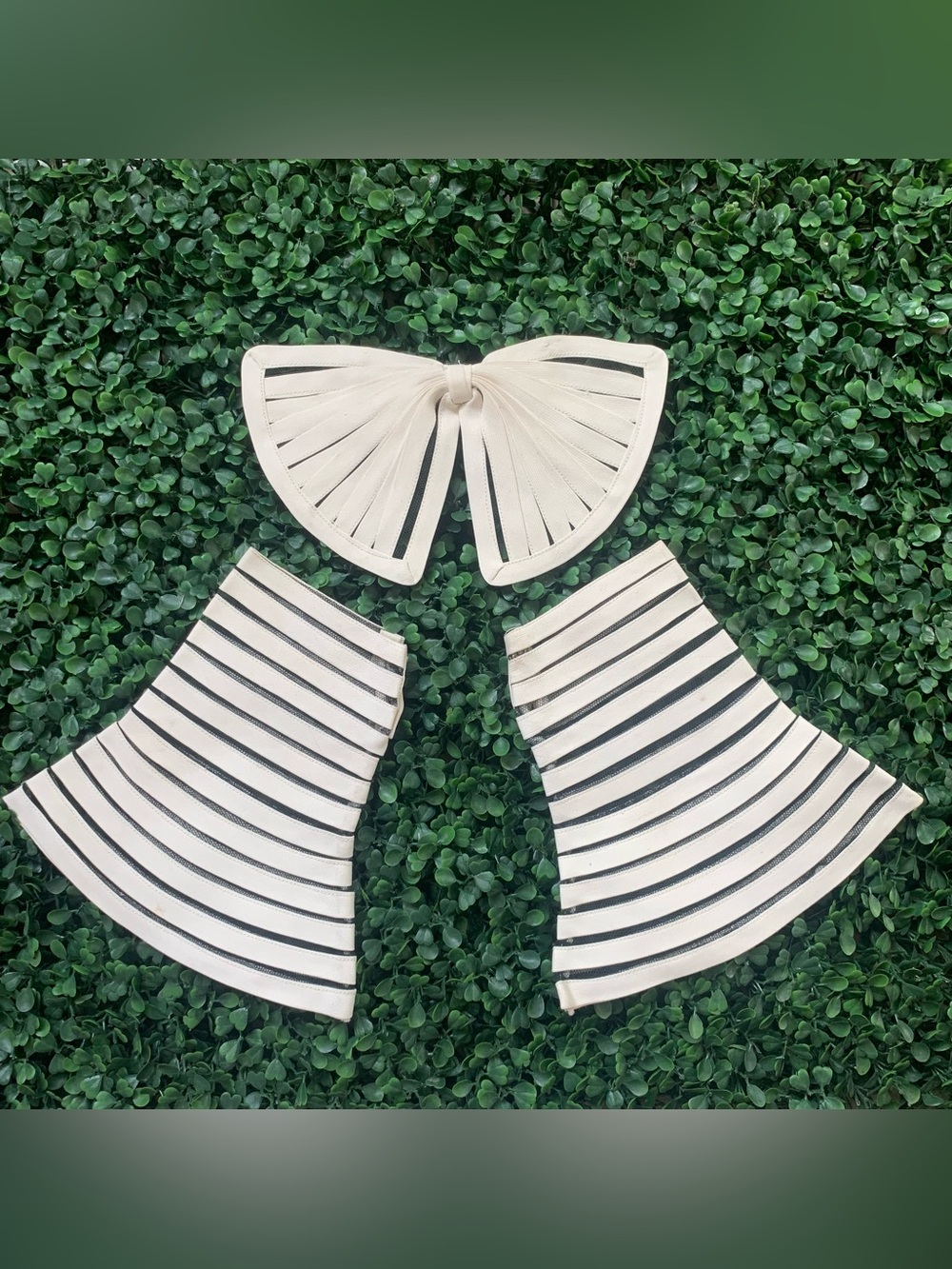 Antique white banding on black net coquette bow and cuffs set